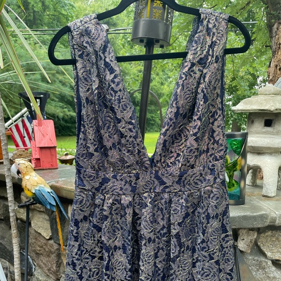Navy Blue Mini Dress with Navy/Gold Lace Overlay - Picture 5 of 10